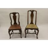 Harlequin set of six 18th Century walnut side chairs with vase shaped splat backs, drop-in seats and