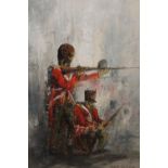 Ben Maile, oil on canvas, a row of infantry firing on an enemy, signed, 35ins x 23ins, gilt framed