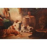 19th Century oil on canvas, interior scene with dogs by an open fire, 11.5ins x 15.5ins