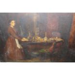 19th Century oil on canvas later applied to board, dining room scene with lady with a silver tray