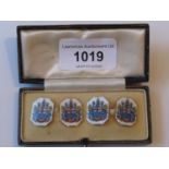 Pair of 15ct yellow gold cufflinks enamel decorated with coat of arms, in original presentation box