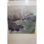 Framed watercolour, view of a misty rocky coast line, signed R.A.E., 16ins x 15.5ins