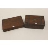 19th Century mahogany brass bound fold-over writing slope with fitted interior and an oak box