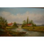 Late 19th / early 20th Century oil on canvas, river landscape with figure fishing and figure on a
