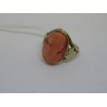 10ct Yellow gold ring set oval carved coral portrait