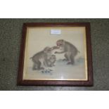 Pair of Japanese paintings on linen, studies of monkeys, 7.5ins x 8ins, oak framed