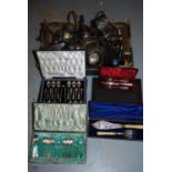 Box containing a quantity of various silver plated items including two three piece plated teasets