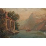 Group of three small 19th Century oils on board, Alpine lake scenes, 6.5ins x 9.5ins, together