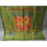 Hermes ' Dieu et Mon Droit ' ladies green silk scarf, 90cms square (unboxed)