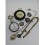 Six various fobs including a cornelian inset revolving fob, two silver pocket watches and a gilt