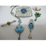 Group of Arts and Crafts silver and gold jewellery to include silver enamel decorated buckle by