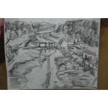 Michael Andrews, charcoal on paper, landscape with buildings, signed with initials M.A., 4.75ins x