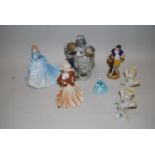 Three Coalport figures, LLadro group of a boy and girl, Sitzendorf figure of a man with a birdcage