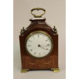 Small Edwardian mahogany marquetry inlaid and brass mounted mantel clock, the enamel dial with