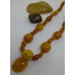 Amber bead necklet together with two natural amber specimens Necklace - 44.2g Large piece - 28.3g