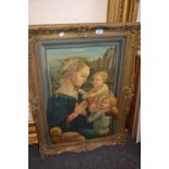 20th Century oil on canvas, ' La Vergine Col Bambino and Angeli ', unsigned, in a swept gilt
