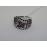 Unusual modern 14ct white gold dress ring set pink and blue sapphires and small diamonds