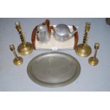 Two pairs of 20th Century brass candlesticks, piquet two piece tea service on tray (at fault) and an