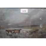 E.R. Stocquelot, small 19th Century oil on card, cattle watering, 8ins x 11ins, gilt framed (at