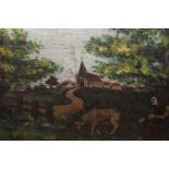 Folk Art oil on oak panel, landscape with seated figure and goat, unframed, 7ins x 9.5ins