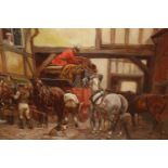 Thomas Ivester Lloyd, oil on canvas, 'Changing Horses', 16ins x 20ins, original gilt frame Overall