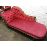 Victorian carved walnut and button upholstered chaise longue