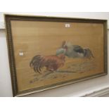 Silk work picture of cock fighting, 18ins x 30ins, gilt framed