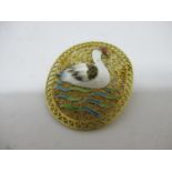 Chinese oval silver gilt brooch enamel decorated with a bird