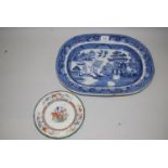 19th Century oval Willow pattern meat plate and a Copeland Chinese Rose pattern plate