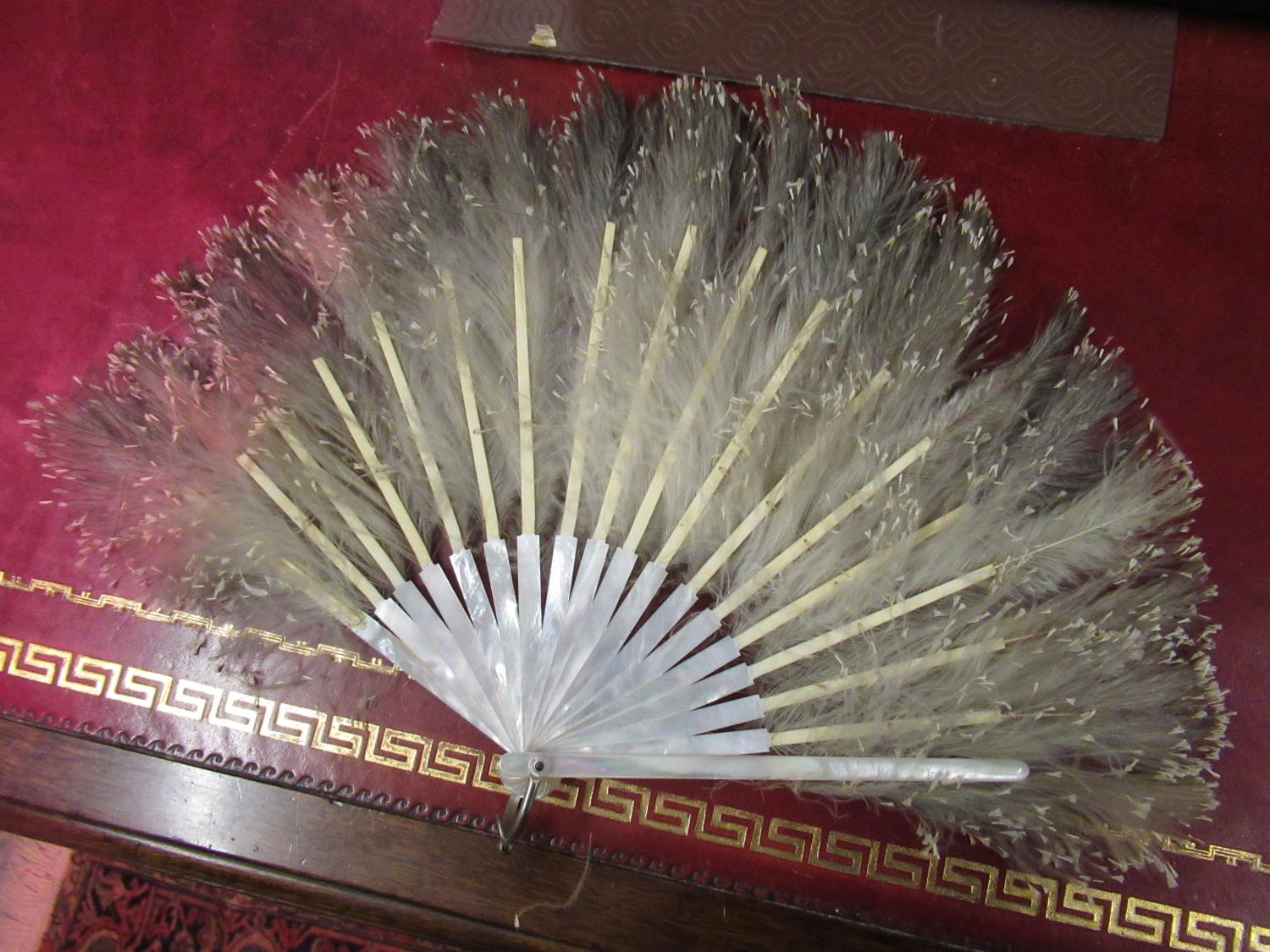 Ostrich feather fan, mother of pearl and feather fan, a black lace fan, together with an ivory and - Image 15 of 15