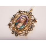 19th Century Continental gold and diamond set pendant locket inset with an oval painted enamel
