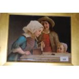 19th Century Continental porcelain plaque painted with three children playing with a mouse trap,