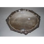 Early 20th Century circular silver salver with gadroon and shell pattern border with engraved