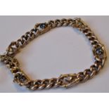 Victorian 9ct gold curb link bracelet set three sapphires and three diamonds