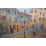 Otto V. Muller, signed oil on canvas, street scene with figures and child playing, 21ins x 25ins