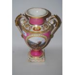 19th Century Derby two handled campana vase, the oval panel painted with Rievaulx Abbey,