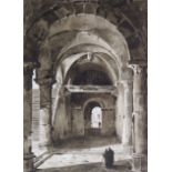 CHARLES MARIE BOUTON (1781-1853) MONASTERY INTERIOR Brown wash and pencil 16.5 x 11.5cm. ++ Good