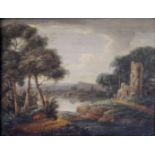 FOLLOWER OF JOHN INIGO RICHARDS, RA (1731-1810) LAKE LANDSCAPE WITH A FIGURE BY A RUINED TOWER Oil