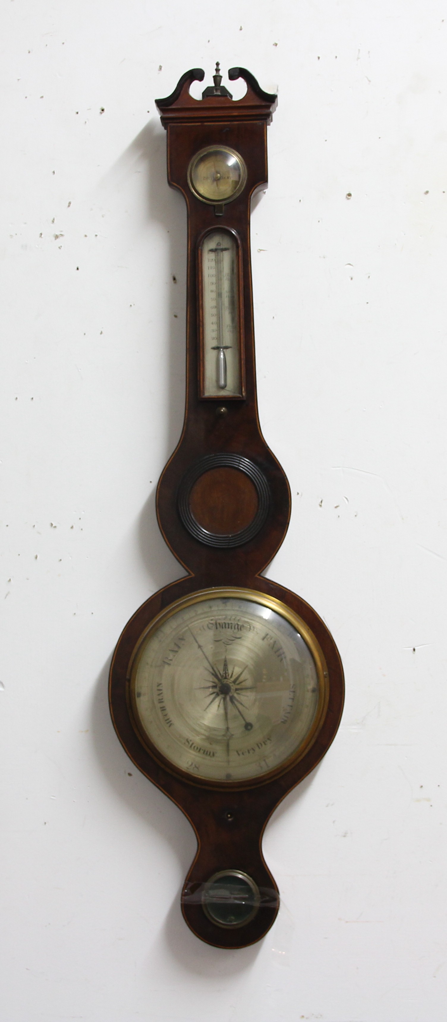 GEORGE III MAHOGANY AND LINE INLAID WHEEL BAROMETER, by P Monti/Sandwich, height 95cm