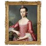 CHRISTOPHER STEELE (1733-1768) PORTRAIT OF MISS BACHE Standing, half length, wearing a pale