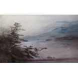 HENRY BRIGHT (1810/14-1873) MISTY LAKE SCENE Charcoal and coloured chalks 16.5 x 26.5cm. ++ Slightly
