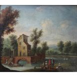 MARC BAETS (c.1700-1749) FIGURES CONVERSING BY A LAKE IN A LANDSCAPE Oil on canvas 29.5 x 34cm. ++