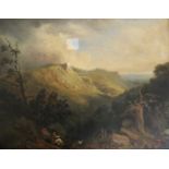 L** E** REED (Fl.c.1819-1834) AN ARTIST SKETCHING ABOVE A ROCKY COMBE Signed and dated 1834, oil