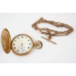 A GOLD PLATED FULL HUNTING CASED POCKET WATCH the white enamel dial with Roman numerals and