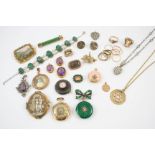 A QUANTITY OF JEWELLERY including a lady's pink quilloche enamel and rose-cut diamond fob watch, a