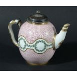 SEVRES TEAPOT, circa 1770, of ovoid form painted with a band of berry foliage on a pink oeil de