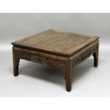 CHINESE HARDWOOD MAHJONG TABLE, the square top above key carved frieze with a drawer to each side,