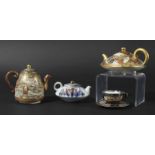 JAPANESE MINIATURE SATSUMA TEAPOT AND COVER, of domed form, with two figural scenes, signature to