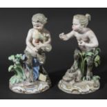 TWO MEISSEN FIGURES OF BACCHANALIAN SATYRS, late 19th or 20th century, one playing bagpipes,