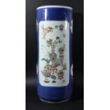 CHINESE FAMILLE ROSE SLEEVE VASE OR STICK STAND, Kangxi style, enamelled with panels of floral